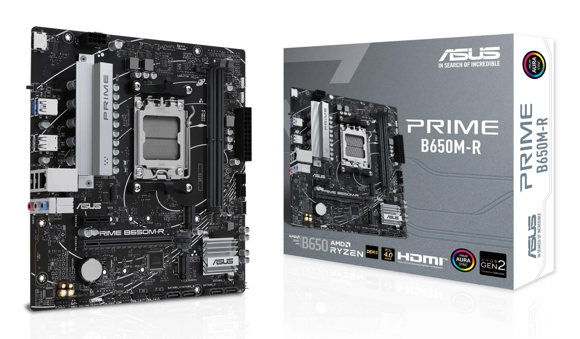 Mainboard|ASUS|AMD B650|SAM5|Micro-ATX|Memory DDR5|Memory slots 2|1xPCI-Express 4.0 1x|2xPCI-Express 4.0 16x|2xM.2|1xHDMI|4xUSB 2.0|2xUSB 3.2|1xRJ45|3xAudio port|PRIMEB650M-R