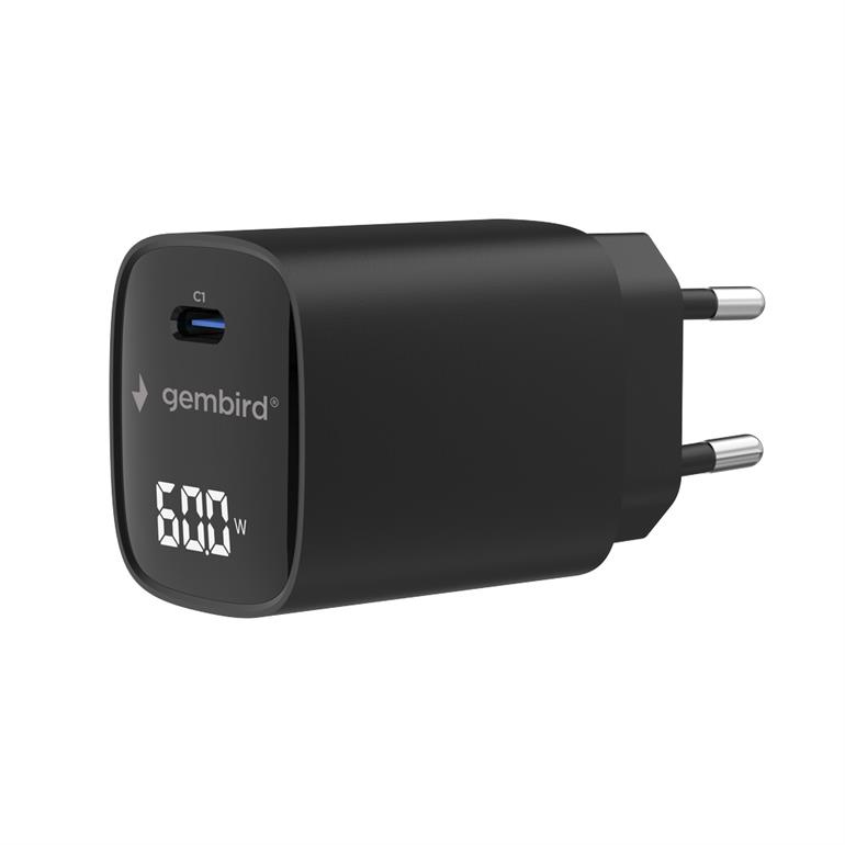 Gembird TA-UC-1C-PD60LCD-01-BK - 60W USB Type-C fast charger, LCD