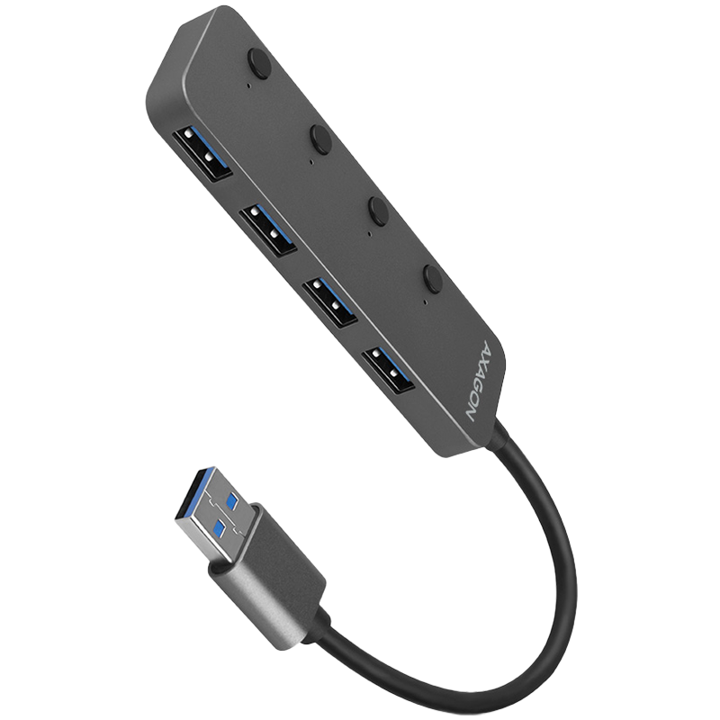 AXAGON HUE-MSA 4x USB3.2 Gen 1 SWITCH hub, metal, micro USB power IN, 20cm USB-A cable