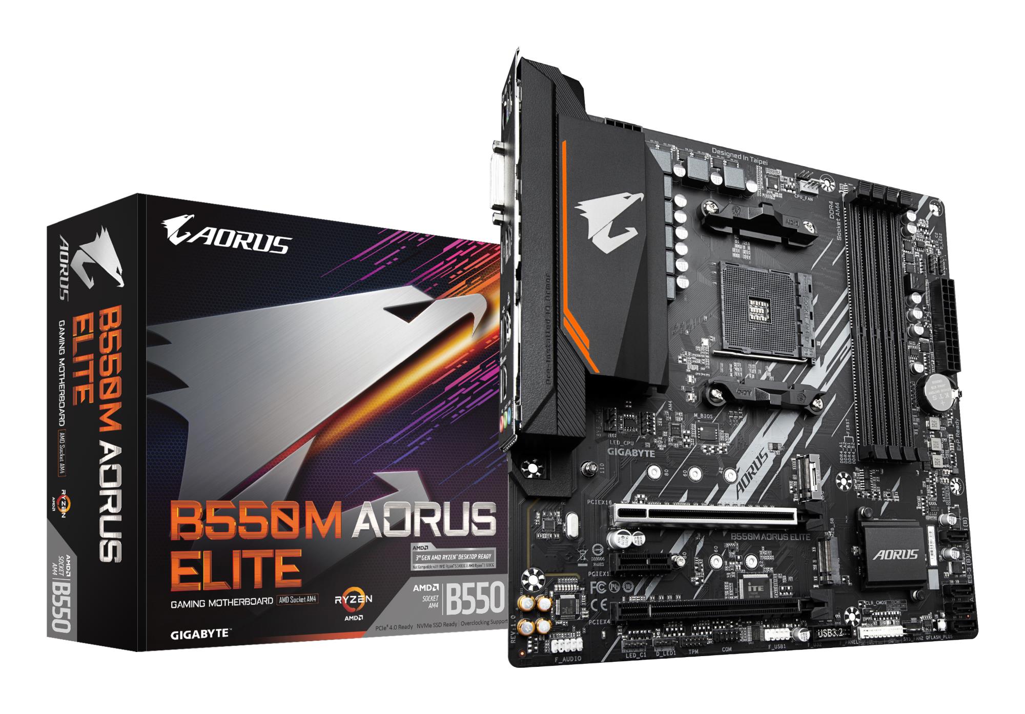 Mainboard|GIGABYTE|AMD B550|SAM4|Micro-ATX|Memory DDR4|Memory slots 4|1xPCI-Express 3.0 1x|1xPCI-Express 3.0 4x|1xPCI-Express 4.0 16x|2xM.2|1xDVI-D|1xHDMI|2xAudio-In|1xAudio-Out|4xUSB 2.0|4xUSB 3.2|1xPS/2|1xRJ45|B550MAORUSELITE1.3