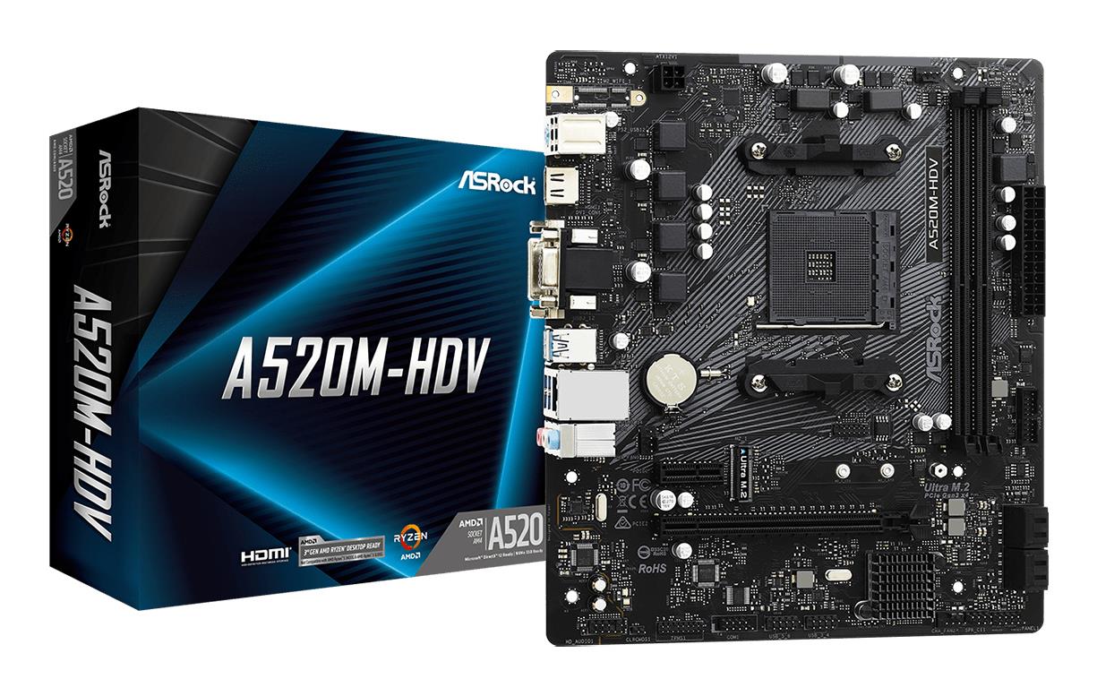 Mainboard|ASROCK|AMD A520|SAM4|Micro-ATX|Memory DDR4|Memory slots 2|1xPCI-Express 3.0 1x|1xPCI-Express 3.0 16x|1xM.2|1x15pin D-sub|1xDVI-D|1xHDMI|2xAudio-In|1xAudio-Out|2xUSB 2.0|4xUSB 3.2|1xPS/2|1xRJ45|A520M-HDV