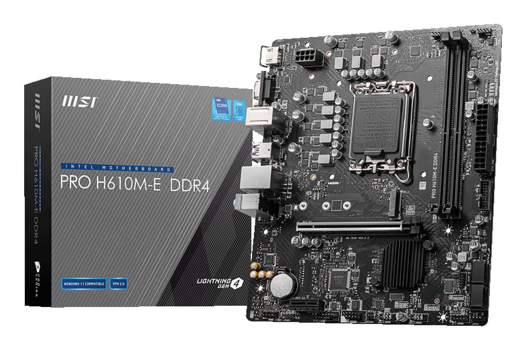 Mainboard|MSI|Intel H610|LGA1700|MicroATX|Memory DDR4|Memory slots 2|1xPCI-Express 1x|1xPCI-Express 16x|1xM.2|1x15pin D-sub|1xHDMI|4xUSB 2.0|2xUSB 3.2|1xPS/2|1xRJ45|3xAudio port|PROH610M-EDDR4