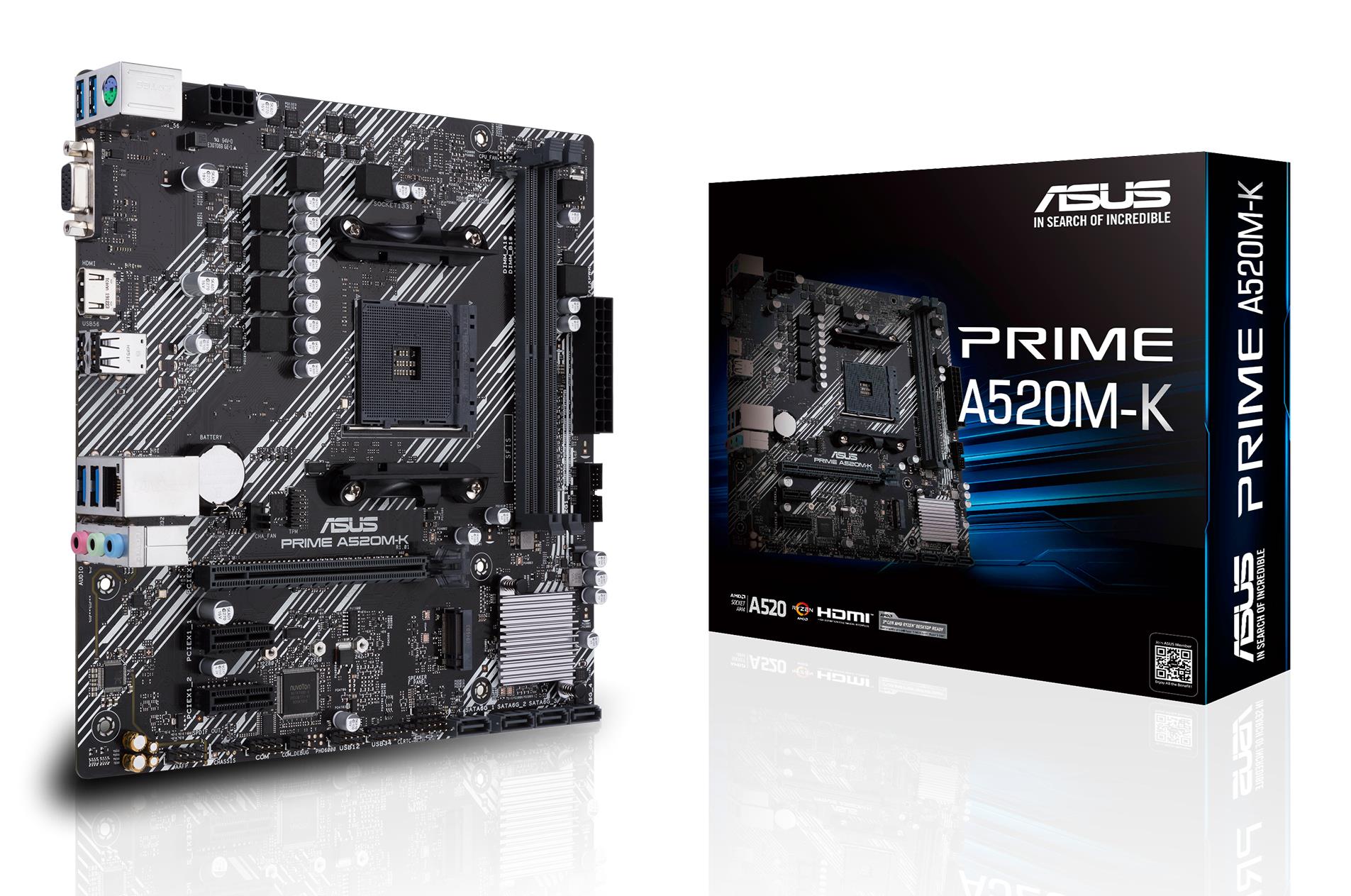 Mainboard|ASUS|AMD A520|SAM4|MicroATX|2xPCI-Express 3.0 1x|1xPCI-Express 3.0 16x|1xM.2|Memory DDR4|Memory slots 2|1x15pin D-sub|1xHDMI|2xUSB 2.0|4xUSB 3.2 type B|1xPS/2|3xStereo jack 3.5mm|1xRJ45|PRIMEA520M-K
