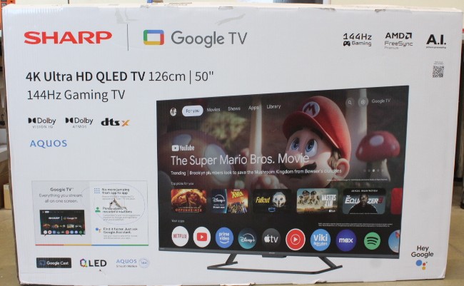 SALE OUT. Sharp 50HR7265E 50" (126cm) QLED 144Hz 4K Ultra HD Google TV, Dolby Vision, Dolby Atmos, Central Stand - SALE OUT. Sharp 50HR7265E - 50 - Smart TV - Google TV - Black - DAMAGED PACKAGING
