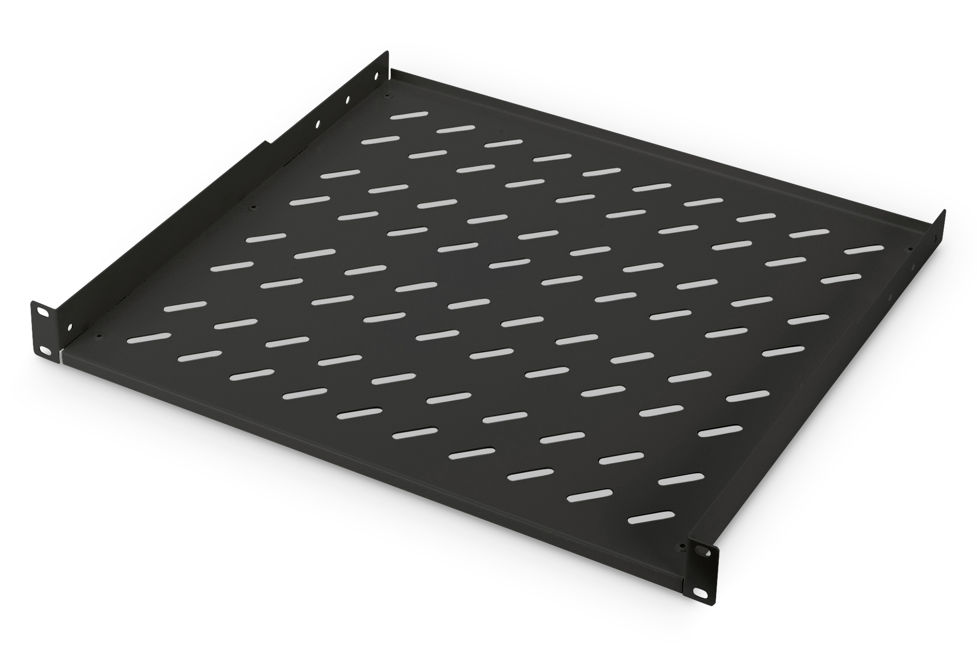 Digitus - 1U Fixed Shelf for Racks - DN-19 TRAY-1-400-SW - The shelves for fixed mounting can be installed easy on the two front 483 mm (19“) profile rails of your 483 mm (19“) network- or server cabinet. Due to their stable, perforated steel sheet with a