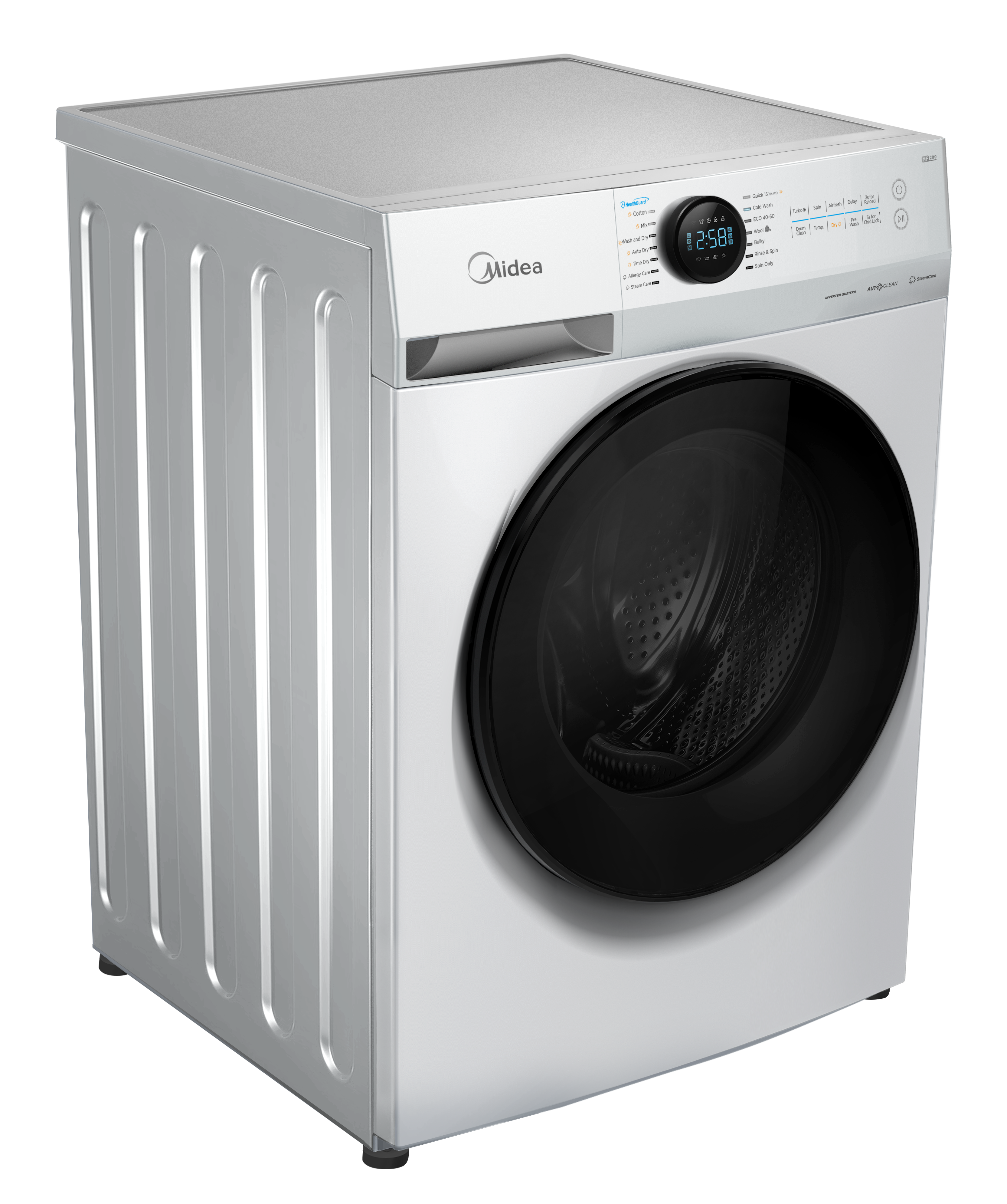 Midea - Washing machine with dryer - MF200D80WB/1/W-HR - Energy efficiency class A/D - Front loading - Washing capacity 8 kg - 1400 RPM - Depth 48 cm - Width 60 cm - Display - LED - Drying system - Drying capacity 6 kg - Steam function - White