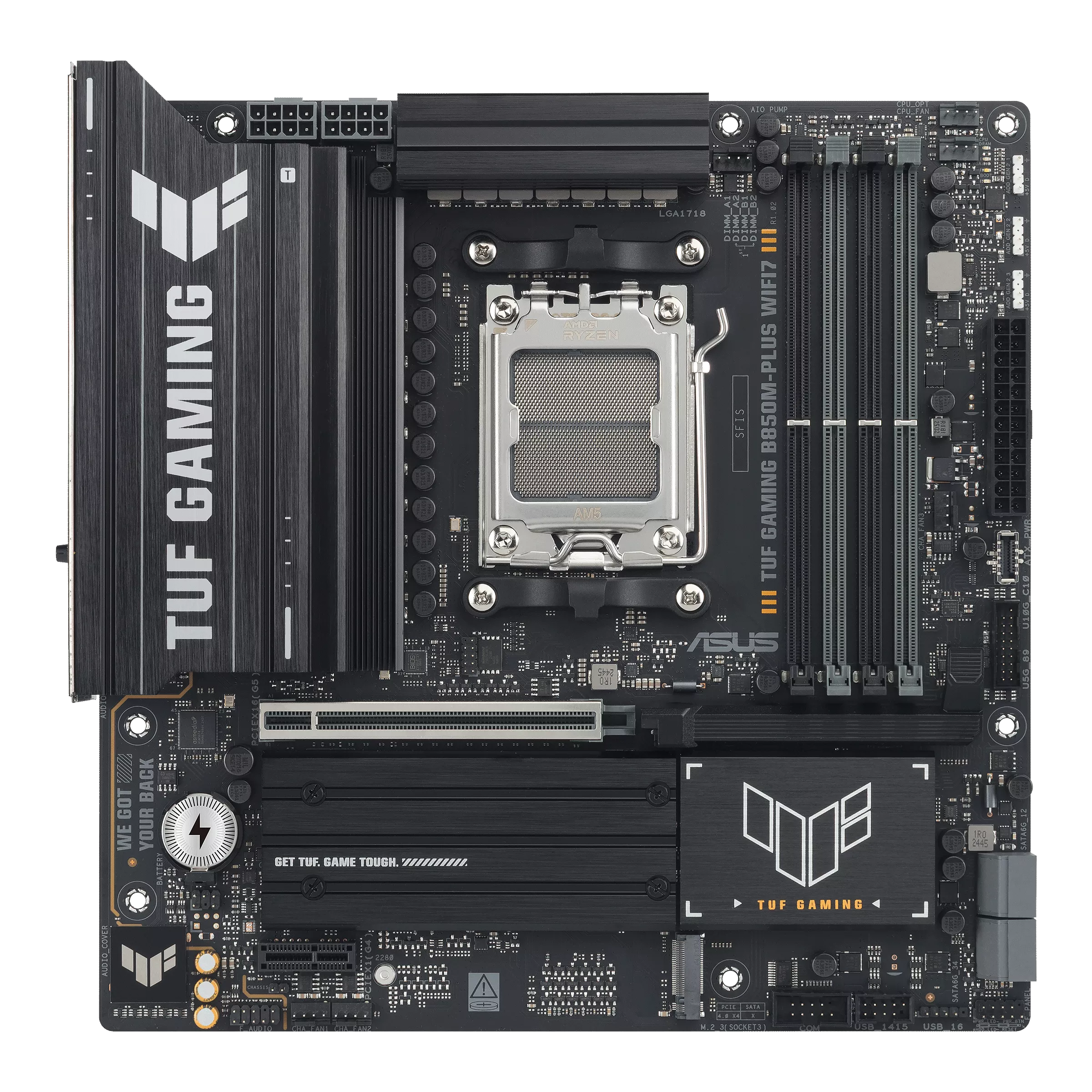 Asus TUF GAMING B850M-PLUS WIFI7 - Processor family AMD - Processor socket AM5 - DDR5 - Supported hard disk drive interfaces SATA, M.2 - Number of SATA connectors 4