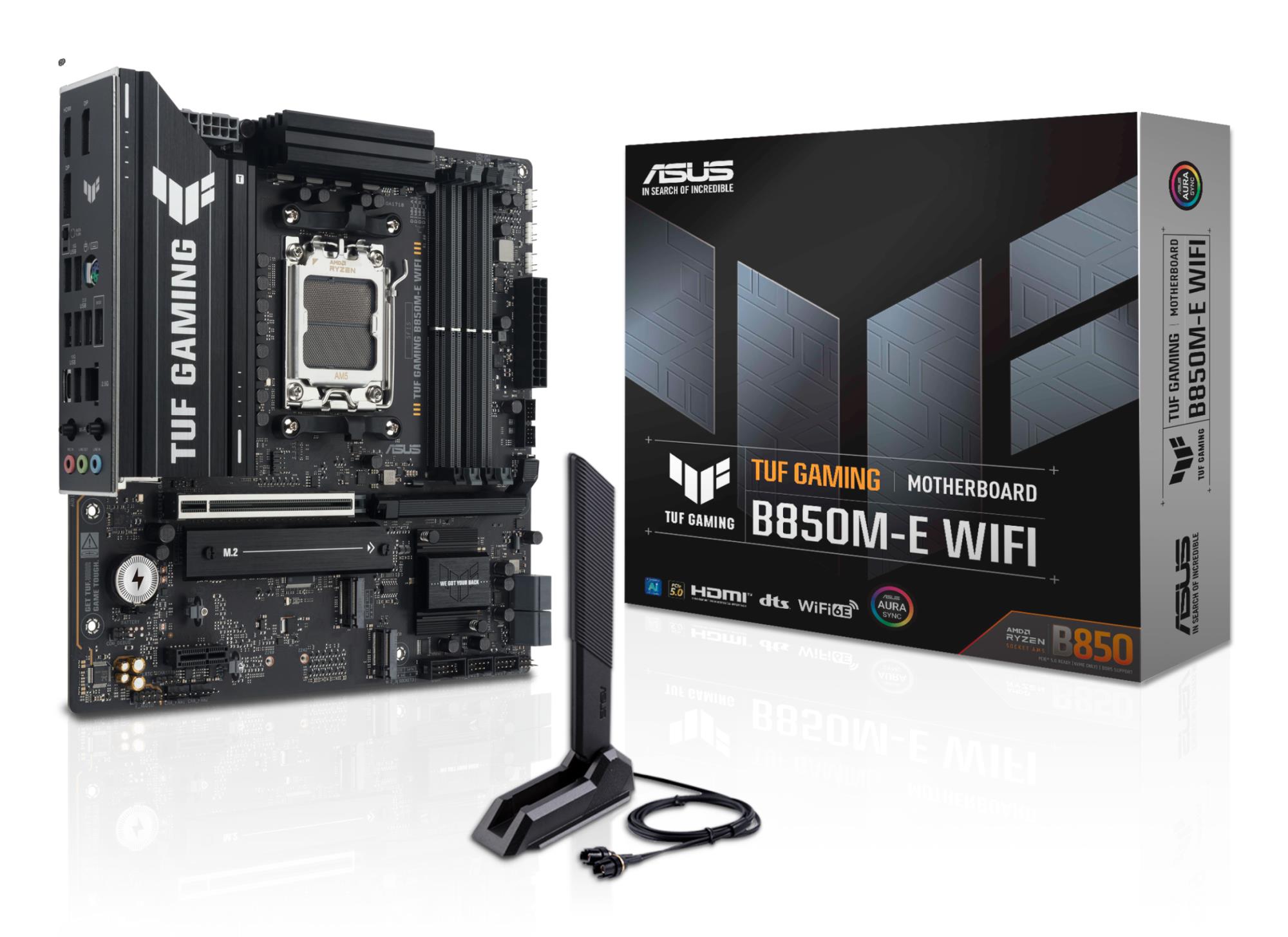 Mainboard|ASUS|AMD B850|SAM5|Micro-ATX|Memory DDR5|Memory slots 4|1xPCI-Express 4.0 1x|1xPCI-Express 4.0 16x|1xPCI-Express 5.0 16x|3xM.2|1xHDMI|2xDisplayPort|4xUSB 2.0|2xUSB 3.2|2xUSB-C|1xPS/2|1xRJ45|3xAudio port|TUFGAMINGB850M-EWIFI