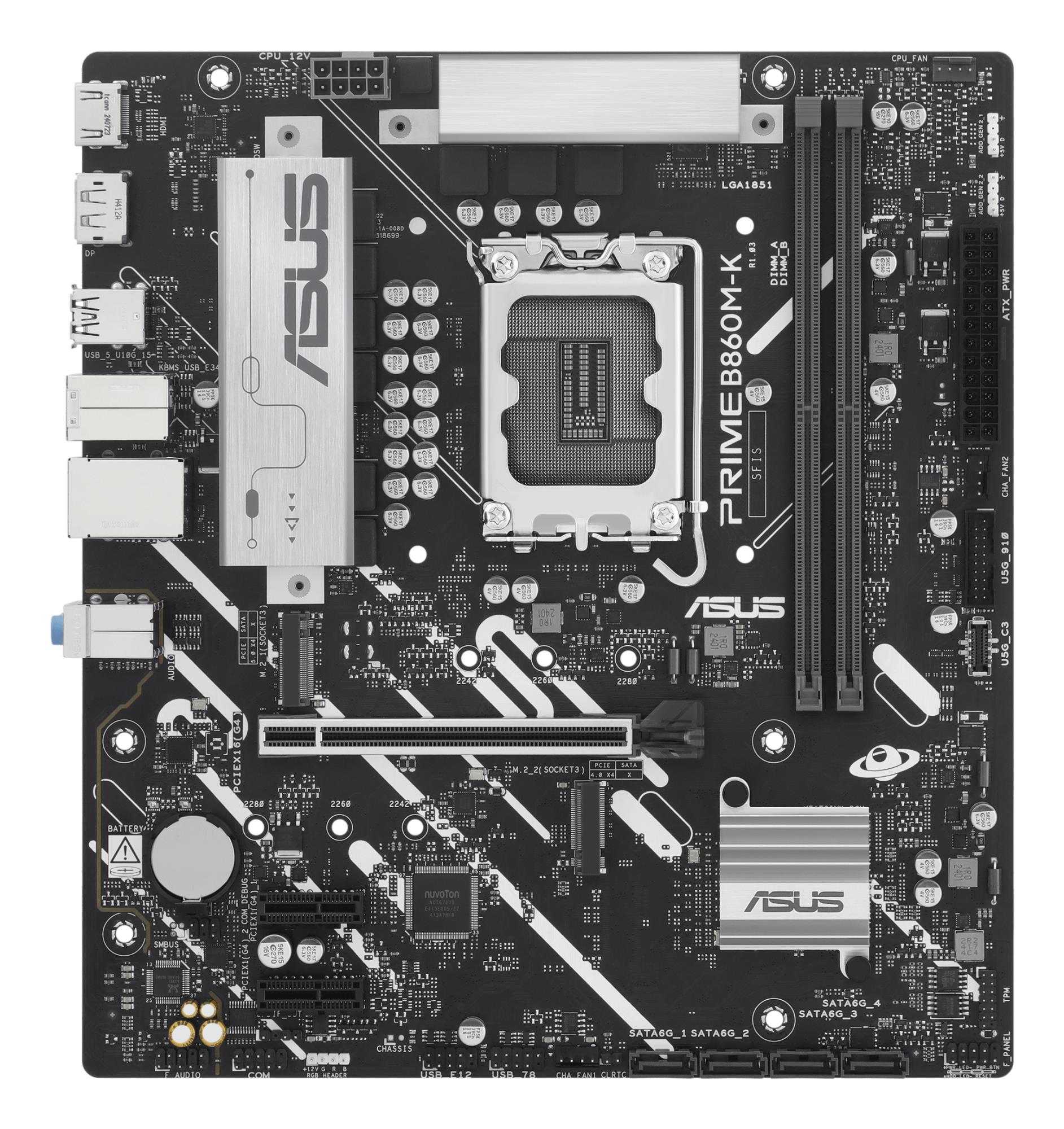 Mainboard|ASUS|Intel B860 Express|LGA1851|Micro-ATX|Memory DDR5|Memory slots 2|2xPCI-Express 4.0 1x|1xPCI-Express 4.0 16x|2xM.2|1xHDMI|1xDisplayPort|1xAudio-In|1xAudio-Out|1xMicrophone|3xUSB 2.0|2xUSB 3.0|1xUSB 3.2|1xPS/2|1xRJ45|PRIMEB860M-K