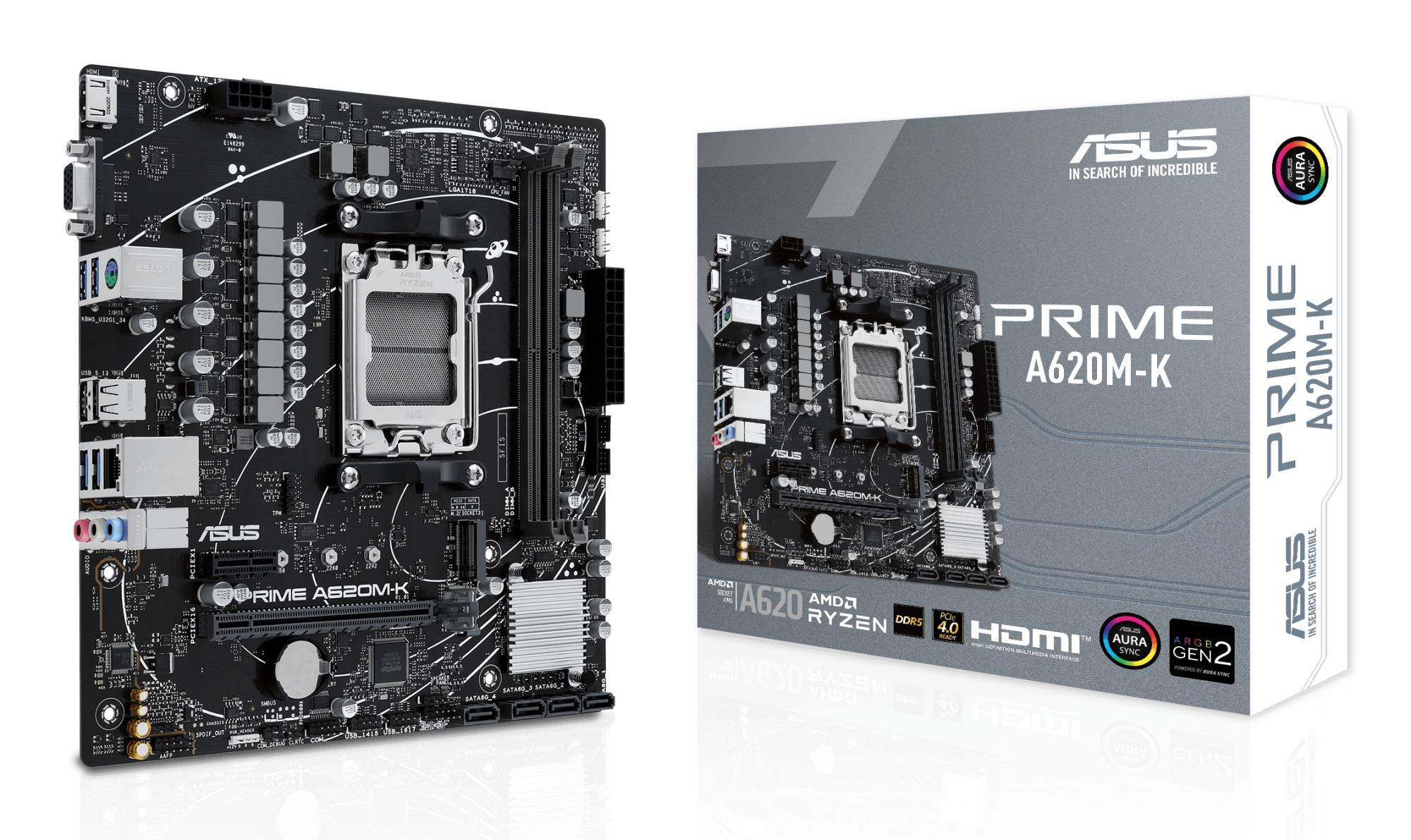 Mainboard|ASUS|AMD A620|Micro-ATX|Memory DDR5|Memory slots 2|1xPCI-Express 3.0 1x|1xPCI-Express 4.0 16x|1xM.2|1x15pin D-sub|1xHDMI|2xUSB 2.0|4xUSB 3.2|1xPS/2|1xRJ45|3xAudio port|PRIMEA620M-K