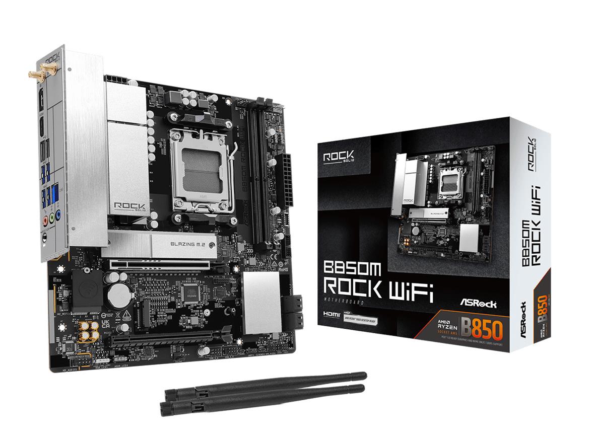 Mainboard|ASROCK|AMD B850|Socket AM5|micro ATX|RAM DDR5-SDRAM|2xSlots|Wi-Fi Yes|Bluetooth Yes|1xNumber of M.2 (M) slots|B850MROCKWIFI