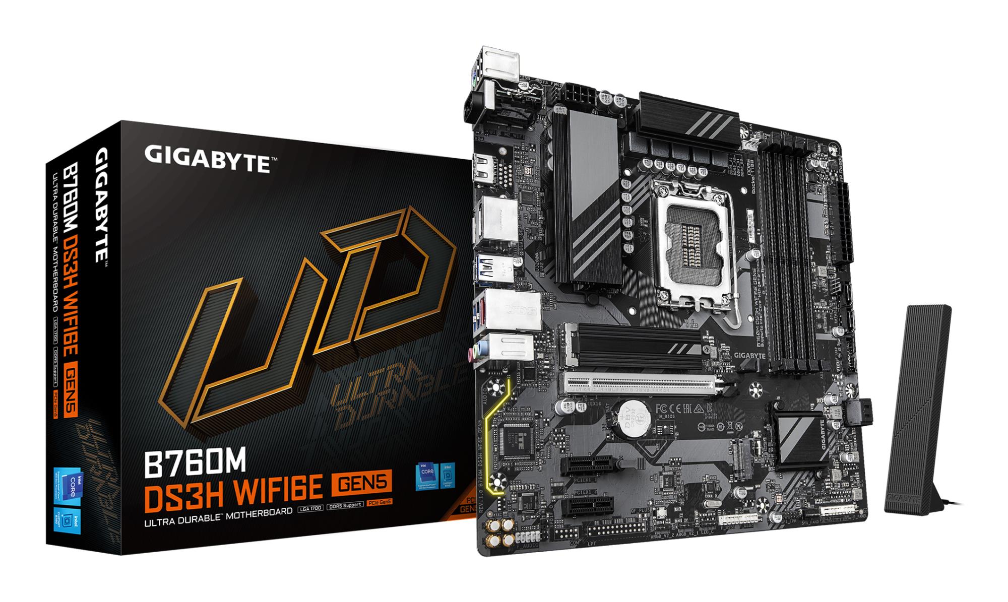 Mainboard|GIGABYTE|B760M DS3H WIFI6E GEN5|Intel B760 Express|LGA 1700|micro ATX|RAM DDR5-SDRAM|4xSlots|Wi-Fi Yes|Bluetooth Yes|2xNumber of M.2 (M) slots|B760MDS3HWF6EGEN5