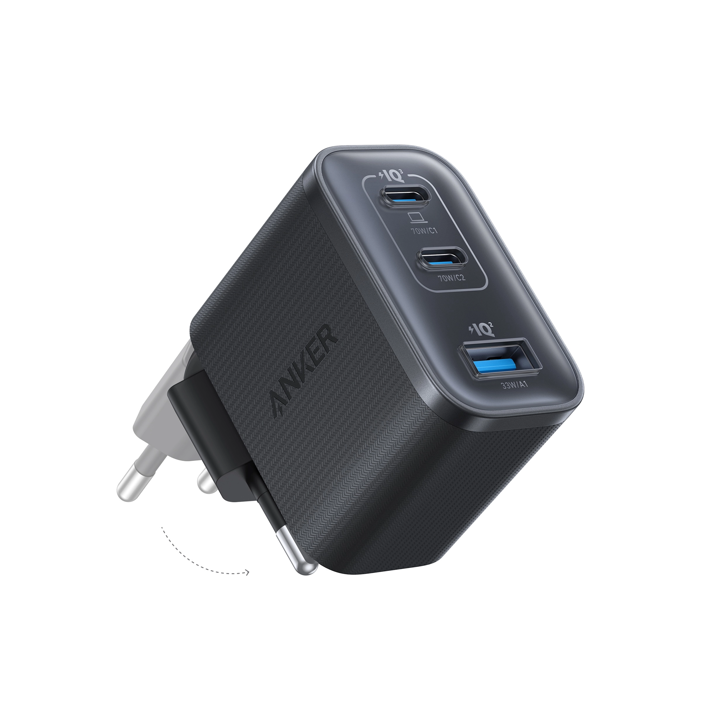 Anker Nano Charger 70W, 3 ports, Black - 2 x 24 pin USB-C, 4 pin USB Type A