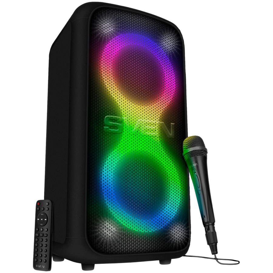 2.0 portable speaker SVEN PS-960, black, power output 2x80W (RMS), TWS, Bluetooth, FM, USB, LED-display, lithium battery