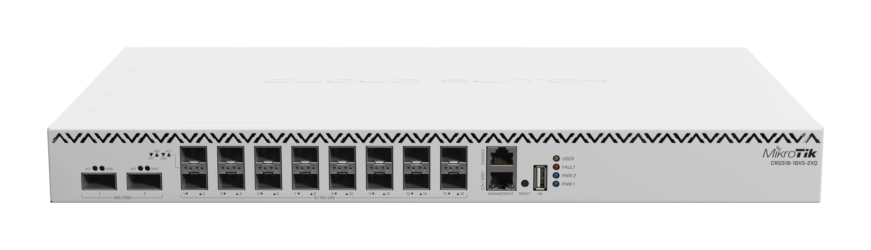 MikroTik - Cloud Router Switch with RouterOS L5 license - 518-16XS-2XQ-RM - Rackmountable - SFP ports quantity 16x of 25G SFP28 ports; 2x of 25G SFP28 ports - Power supply type Internal
