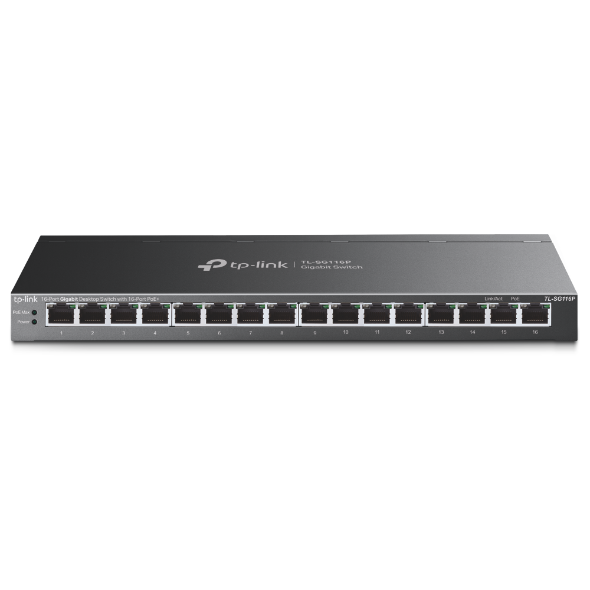 TP-LINK TL-SG116P 16-Port Gigabit Desktop Switch with 16-Port PoE+ - TP-LINK - 16-Port Gigabit Desktop Switch - TL-SG116P - Unmanaged - Desktop