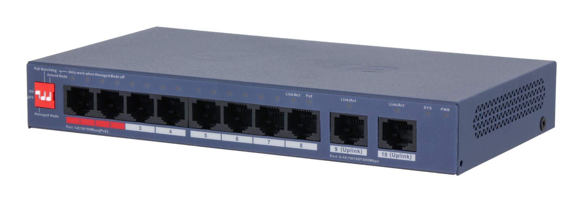 Switch|DAHUA|DH-CS4010-8ET2GT-110|Switch layer L2|8xRJ-45 ports|RJ-45 Ports Type Fast Ethernet (10/100)|2xGigabit Ethernet (copper) ports quantity|8xPower over Ethernet (PoE) ports quantity|Total Power over Ethernet (PoE) budget 110 W|CS4010-8ET2GT-110