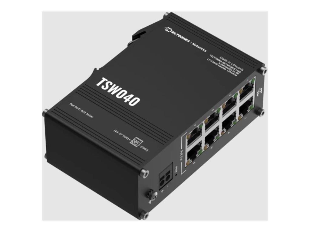 Teltonika - Industrial Switch - TSW040 - Unmanaged - DIN rail mountable - 10/100 Mbps (RJ-45) ports quantity 8 - PoE+ ports quantity 8 - Power supply type 2-pin industrial DC power socket