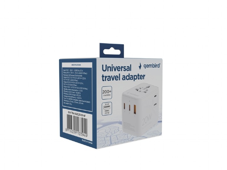 Gembird Universal travel power adapter - TPA-1A2C20-01-W - Travel Adapter - 20 W