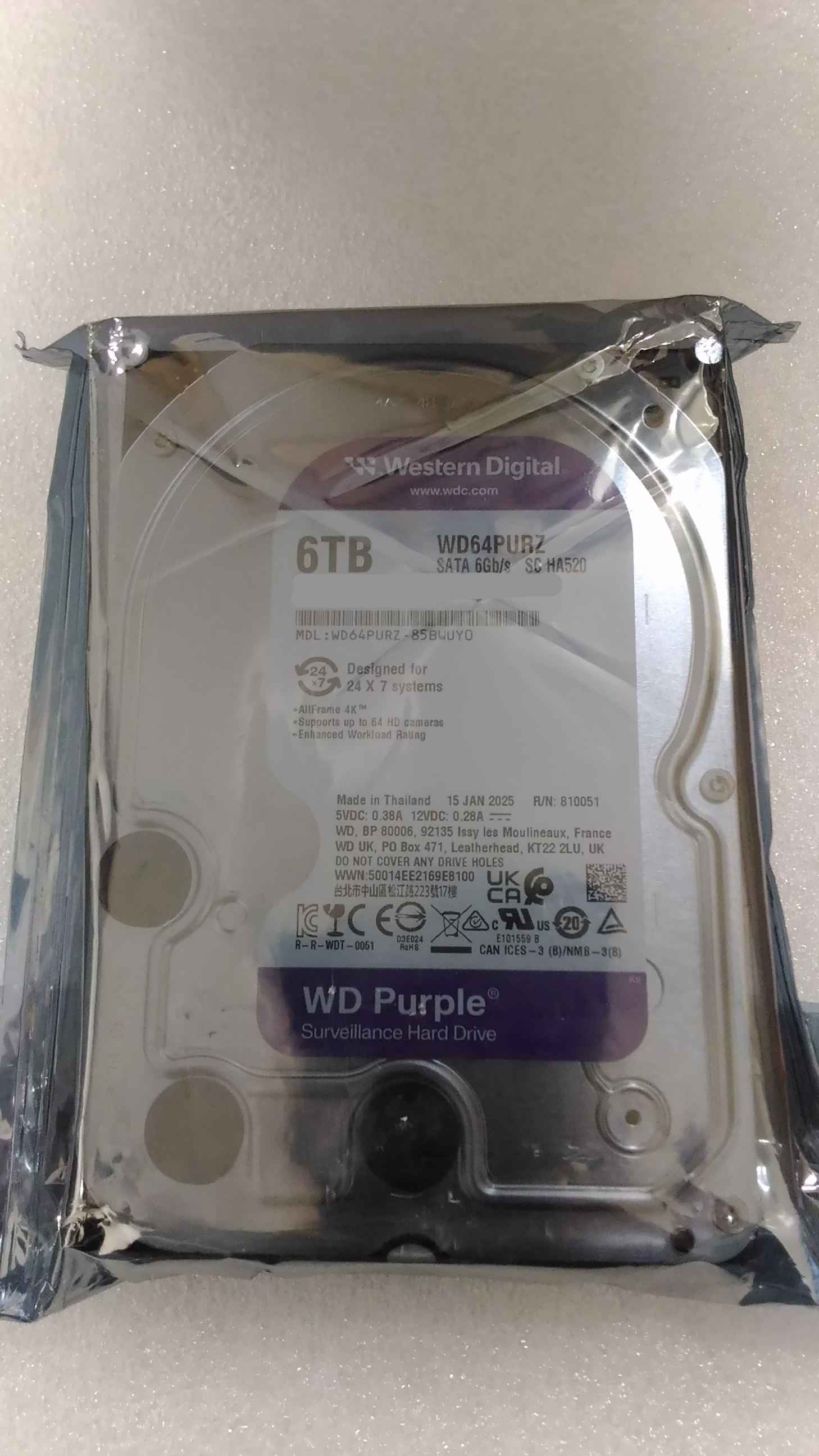 SALE OUT. Western Digital Hard Drive - Purple WD64PURZ - 5460 RPM - 6000 GB - REFURBISHED