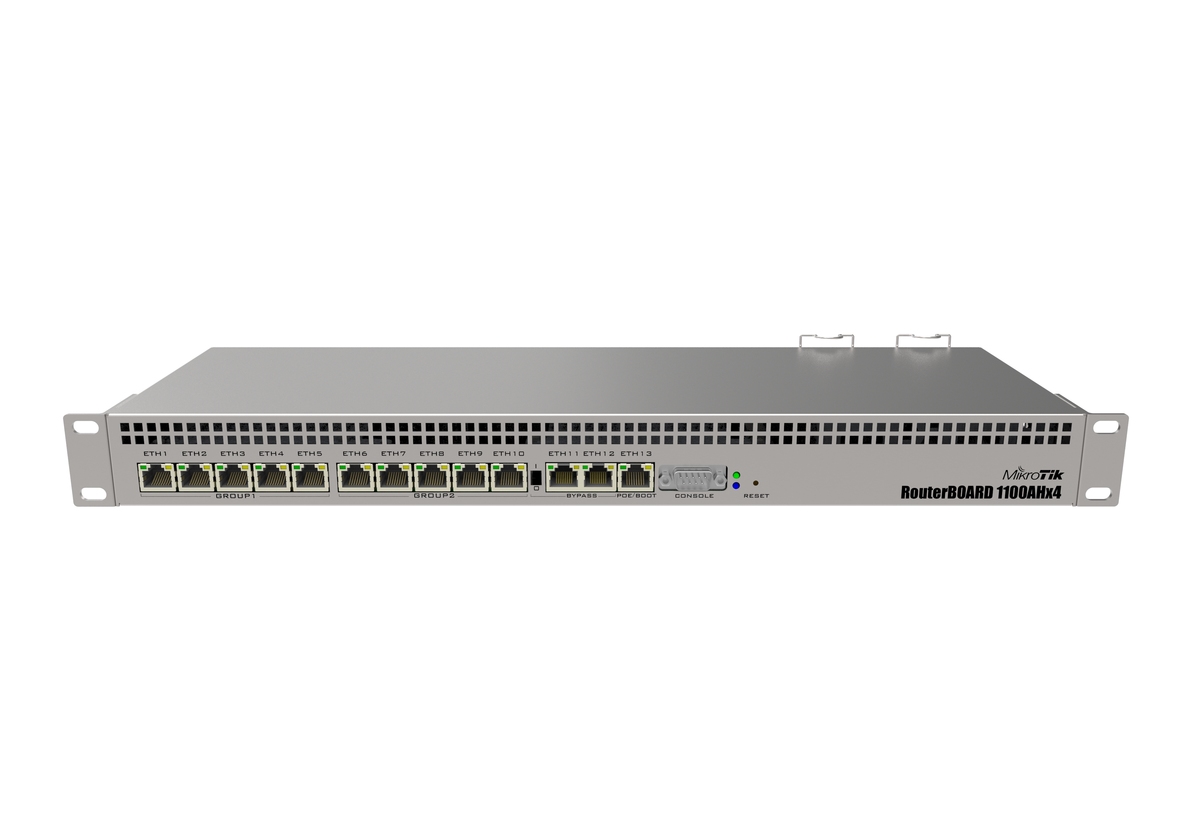 Mikrotik Wired Ethernet Router RB1100x4, 1U Rackmount, Quad core 1.4GHz CPU, 1 GB RAM, 128 MB, 13xGigabit LAN, 1xSerial console port RS232, PCB Temperature and Voltage Monitor, IP20, RouterOS L6 - MikroTik - Wired Ethernet Router - RB1100AHx4 - No Wi-Fi |
