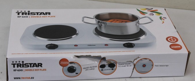 SALE OUT. Tristar KP-6245 Hot plate, 2 thermostats, 2 burners, 5 adjustable settings, Heat resisting housing, 1500W&1100W, White - Tristar - Free standing table hob - KP-6245 - Hob type Electric - White - DAMAGED PACKAGING, DENTED BODY