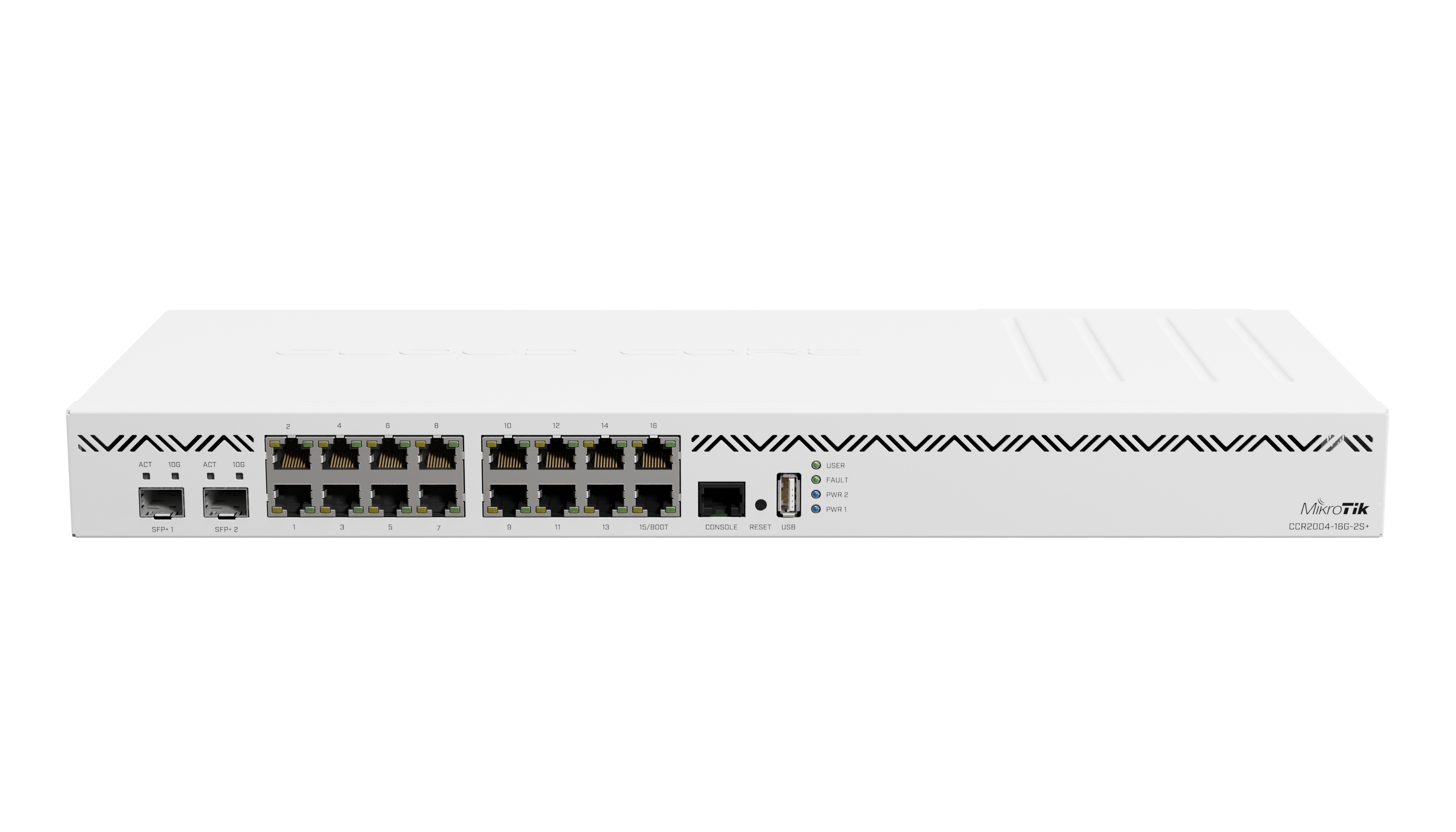 Mikrotik Cloud Core Router CCR2004-16G-2S+, 2x10G SFP+ ports, 16x Gigabit LAN ports, 1x RJ45 Serial port, 4 core CPU, 4 GB RAM, Dual redundant power supply, CPU and PCB temperature monitor, RouterOS L6 - MikroTik - Cloud Core Router - CCR2004-16G-2S+ - No