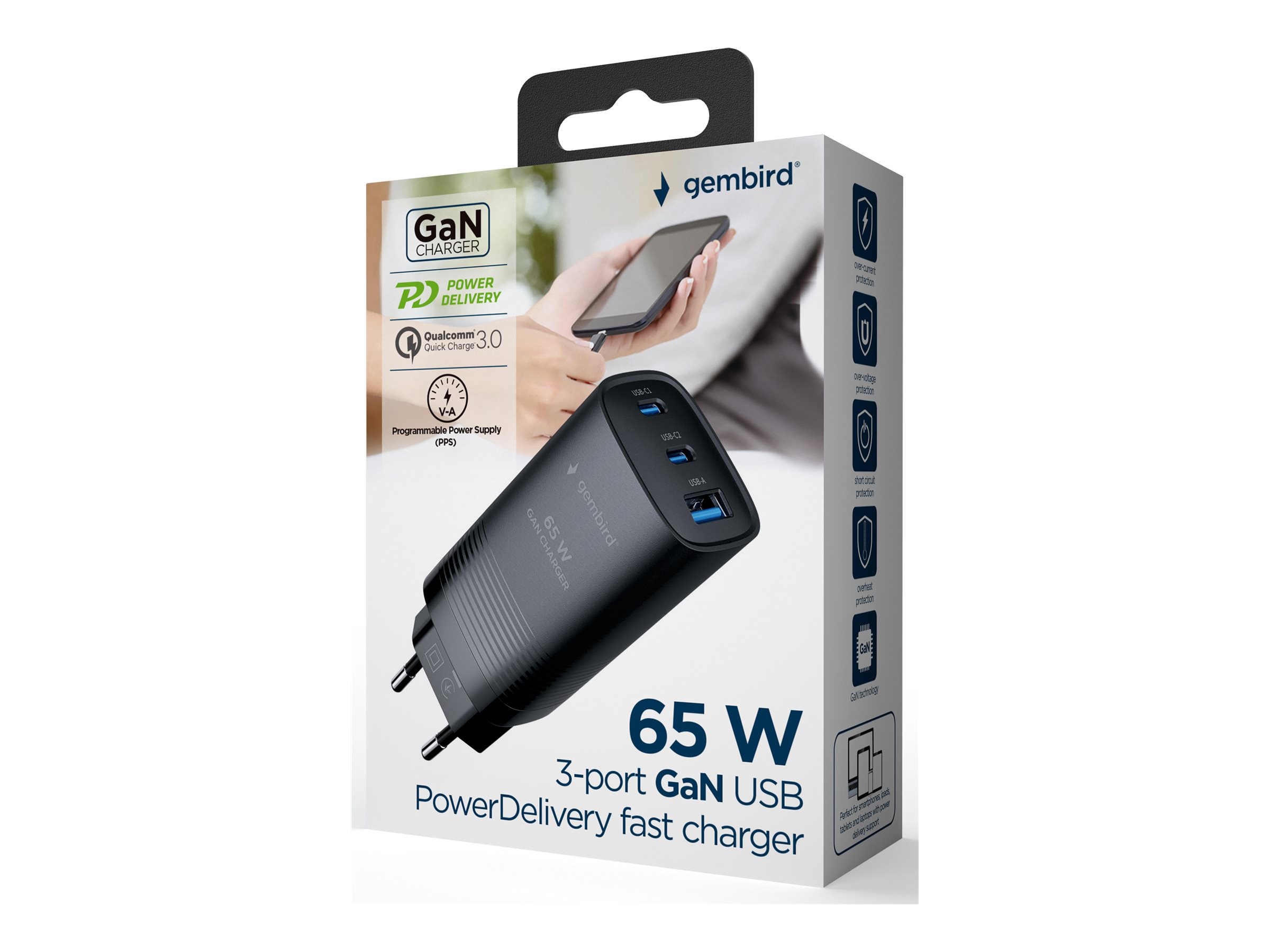 Cablexpert 3-port 65 W GaN USB PowerDelivery fast charger - TA-UC-PDQC65-01-BK