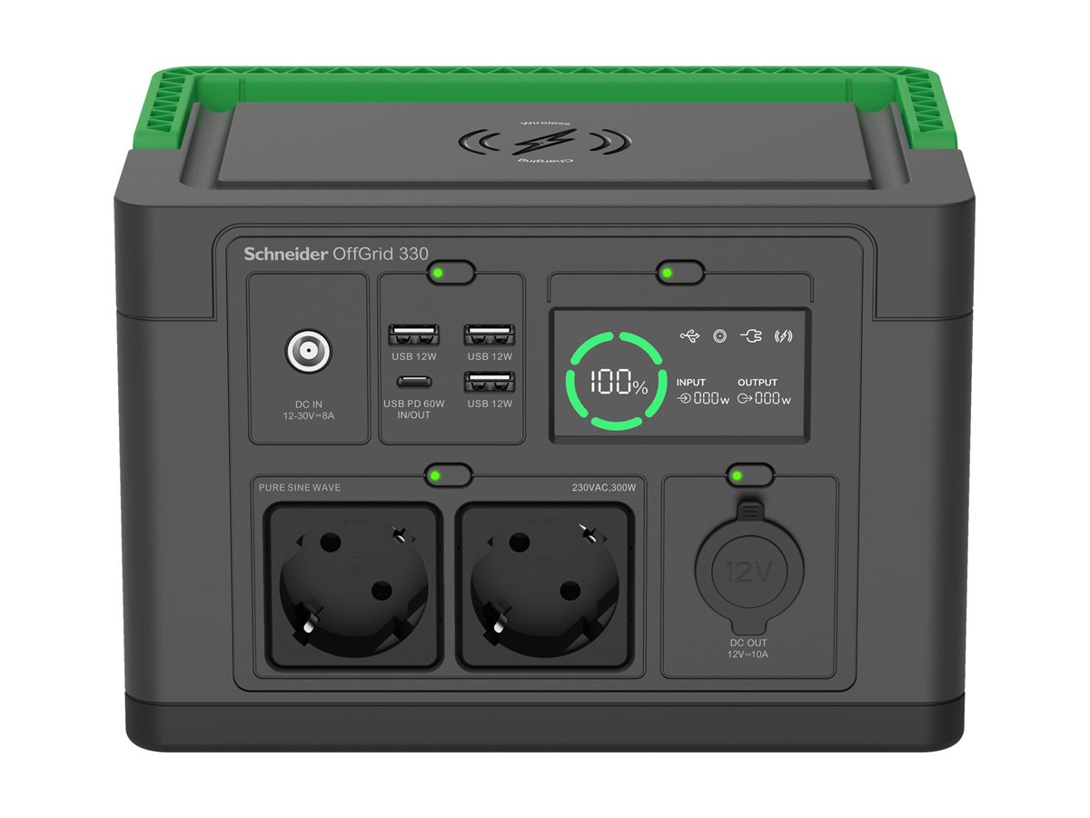 Schneider Electric Schneider OffGrid Portable Power Station 330, 230V, 332Wh Lithium-ion, LCD, 2 CEE 7/3 Schuko outlets, Sinewave, 3 USB-A, 1 USB-C, Wireless Charger - PPS330-GR