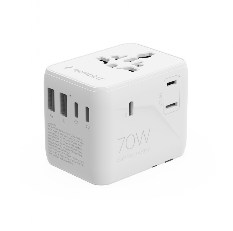 Gembird Universal travel power adapter, 70 W - TPA-2A3C70-01-W