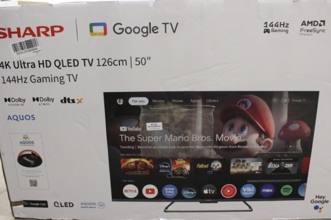 SALE OUT. Sharp 50HR7265E 50" (126cm) QLED 144Hz 4K Ultra HD Google TV, Dolby Vision, Dolby Atmos, Central Stand - SALE OUT. - Sharp 50HR7265E - 50 - Smart TV - Google TV - Black - DAMAGED PACKAGING, USED