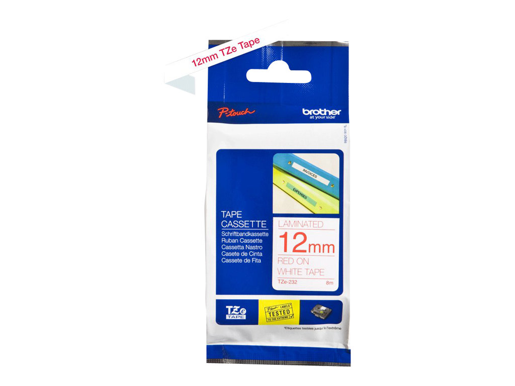 Brother - TZe-232 Laminated Tape - Red on White - TZe - 8 m - 1.2 cm