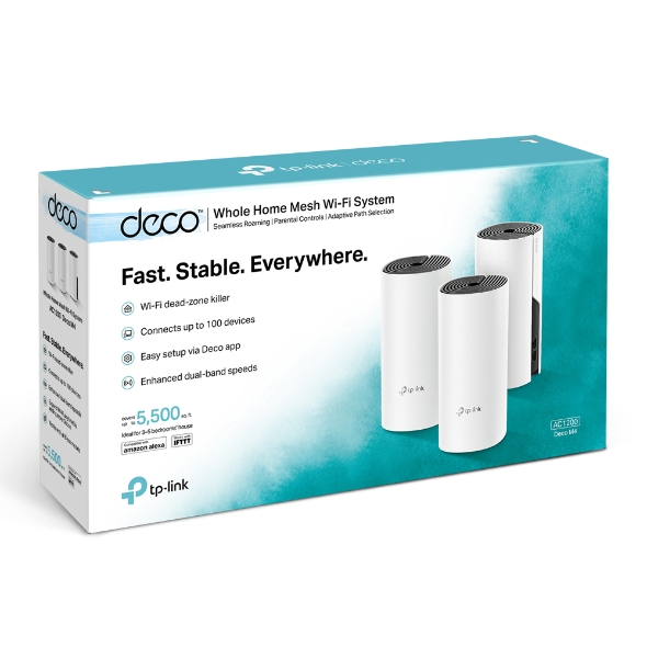 TP-LINK - Whole Home Mesh WiFi System - Deco M4 (3-Pack) - 802.11ac - 300+867 Mbit/s - 10/100/1000 Mbit/s - Ethernet LAN (RJ-45) ports 2 - Mesh Support Yes - MU-MiMO Yes - No mobile broadband - Antenna type 2xInternal - No