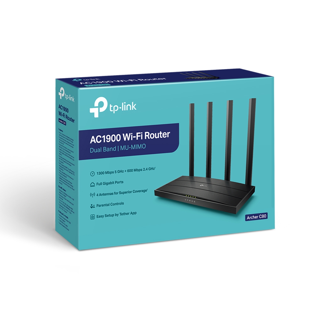TP-LINK - AC1900 Wireless MU-MIMO Wi-Fi 5 Router - Archer C80 - 802.11ac - 1300+600 Mbit/s - 10/100/1000 Mbit/s - Ethernet LAN (RJ-45) ports 4 - Mesh Support No - MU-MiMO Yes - No mobile broadband - Antenna type 4xFixed