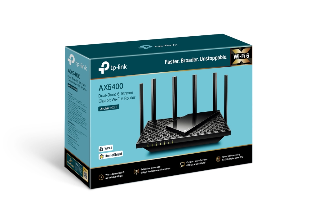TP-LINK - Archer AX73 - 802.11ax - 4804+574 Mbit/s - 10/100/1000 Mbit/s - Ethernet LAN (RJ-45) ports 4 - Mesh Support No - MU-MiMO Yes - No mobile broadband - Antenna type 6xExternal - 1× USB 3.0