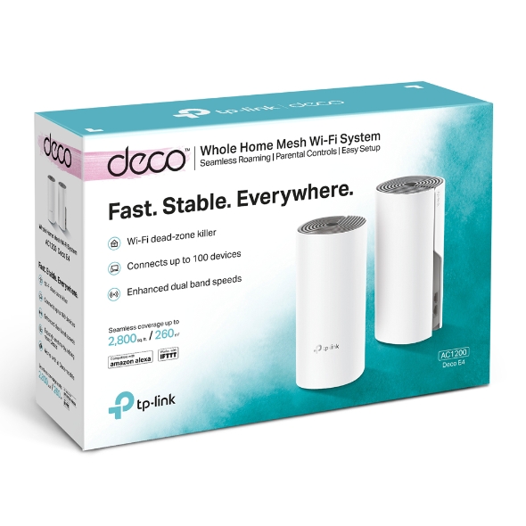 TP-LINK - C1200 Whole Home Mesh Wi-Fi System - Deco E4 (2-pack) - 802.11ac - 867+300 Mbit/s - 10/100 Mbit/s - Ethernet LAN (RJ-45) ports 2 - Mesh Support Yes - MU-MiMO Yes - No mobile broadband - Antenna type 2xInternal