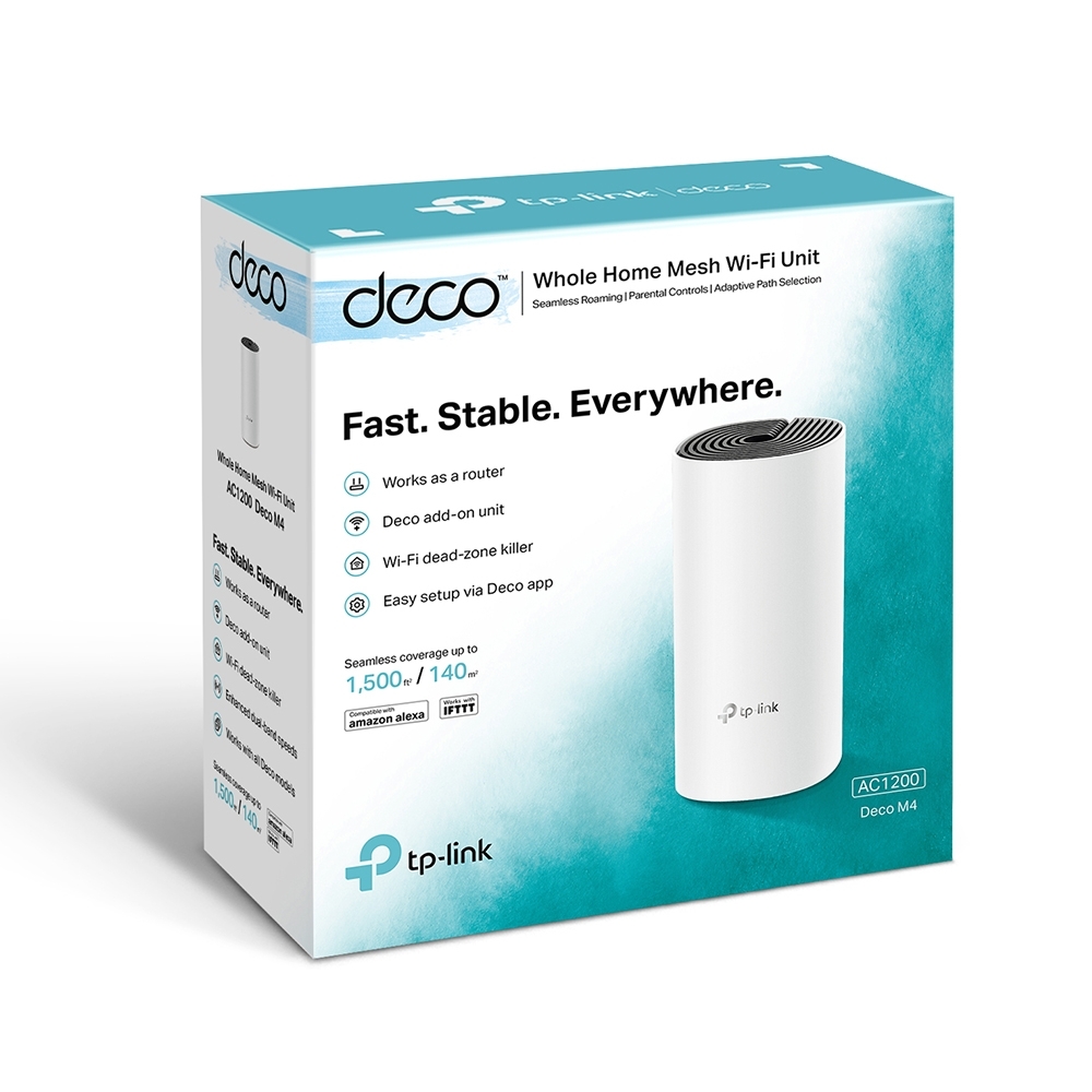 TP-LINK - AC1200 Whole Home Mesh WiFi System - Deco M4 (1-pack) - 802.11ac - 867+300 Mbit/s - 10/100/1000 Mbit/s - Ethernet LAN (RJ-45) ports 2 - Mesh Support Yes - MU-MiMO Yes - No mobile broadband - Antenna type 2xInternal