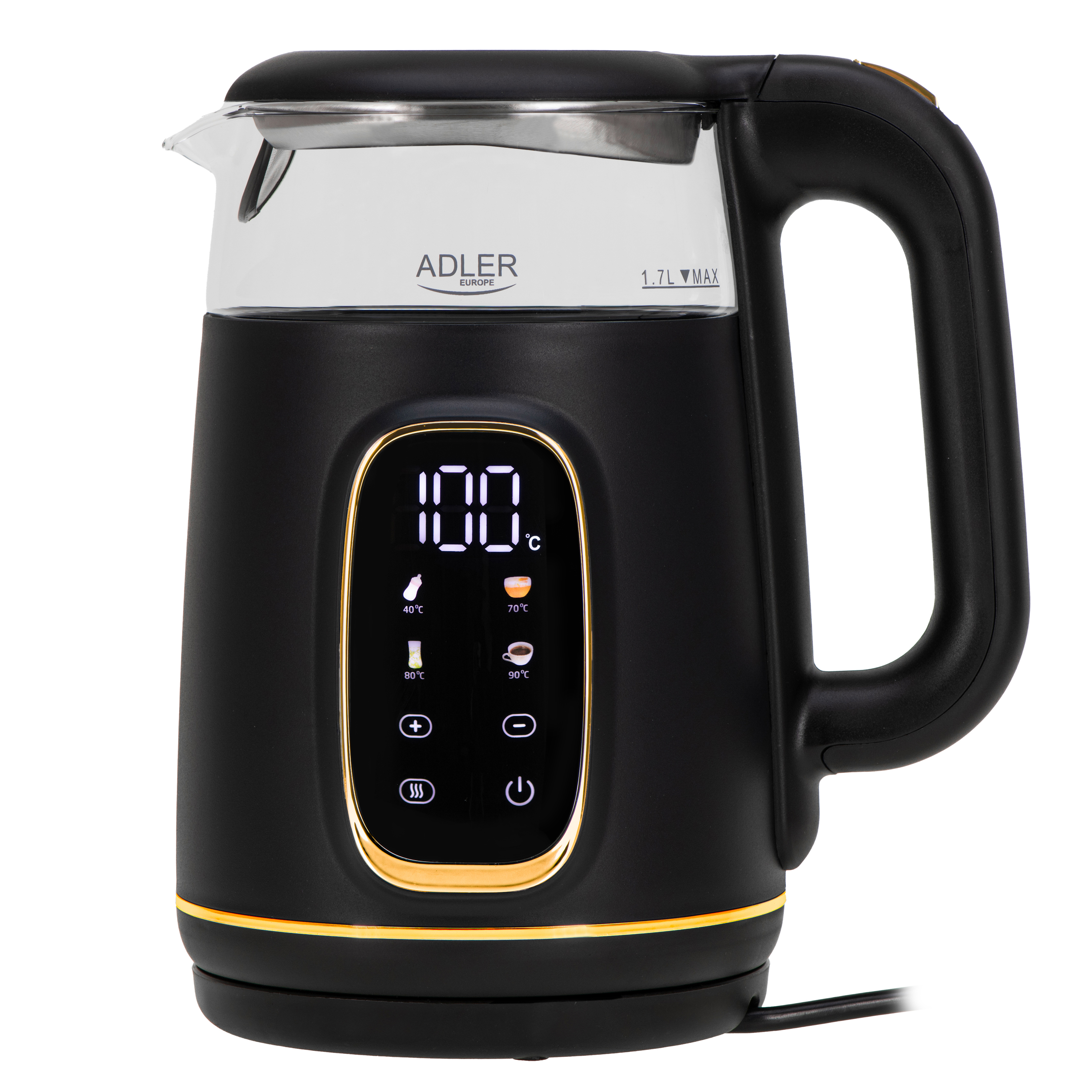 Adler Kettle with LED Display - AD 1305 - Electric - 2200 W - 1.7 L - Plastic - 360° rotational base - Black/Gold