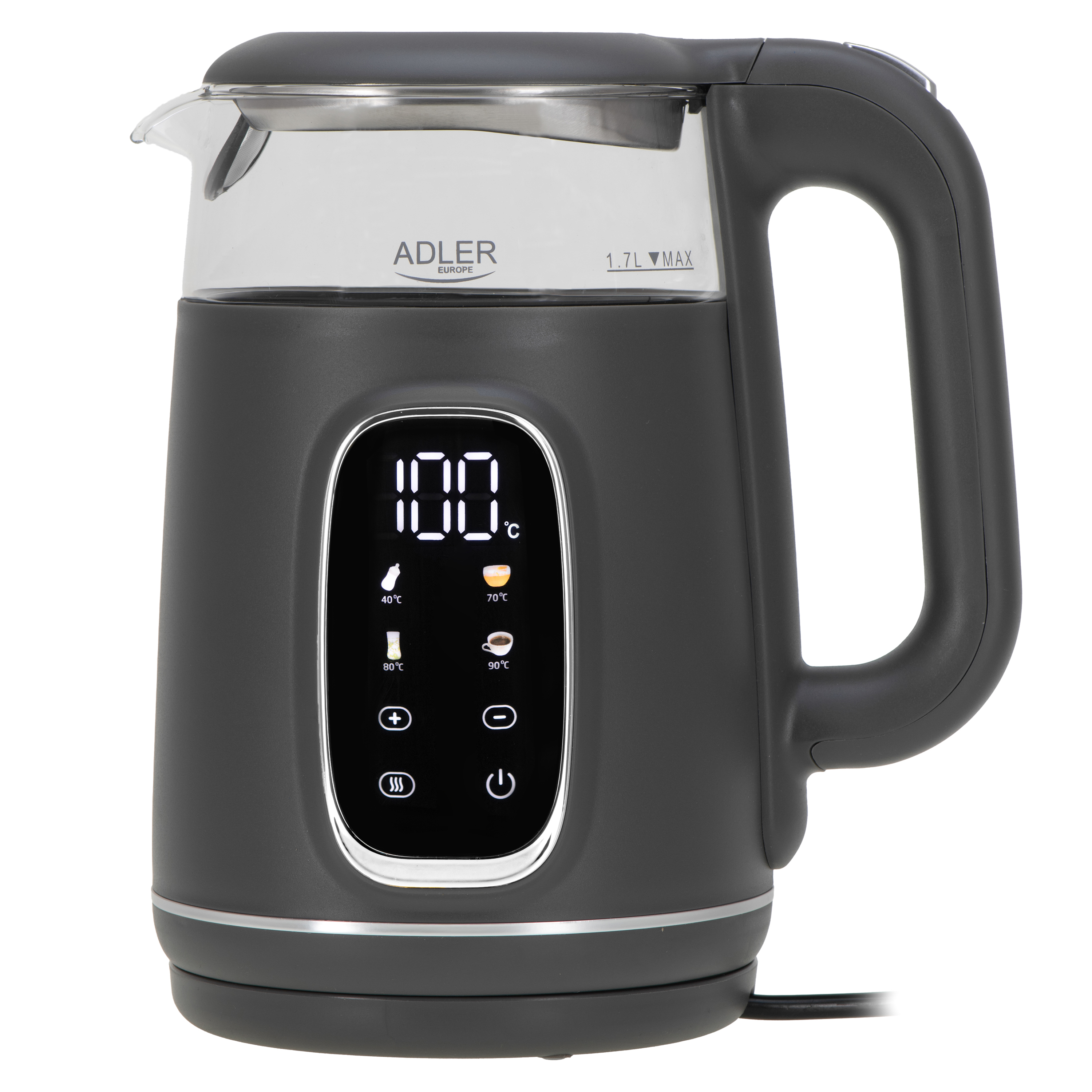 Adler Kettle with LED Display - AD 1305 - Electric - 2200 W - 1.7 L - Plastic - 360° rotational base - Grey