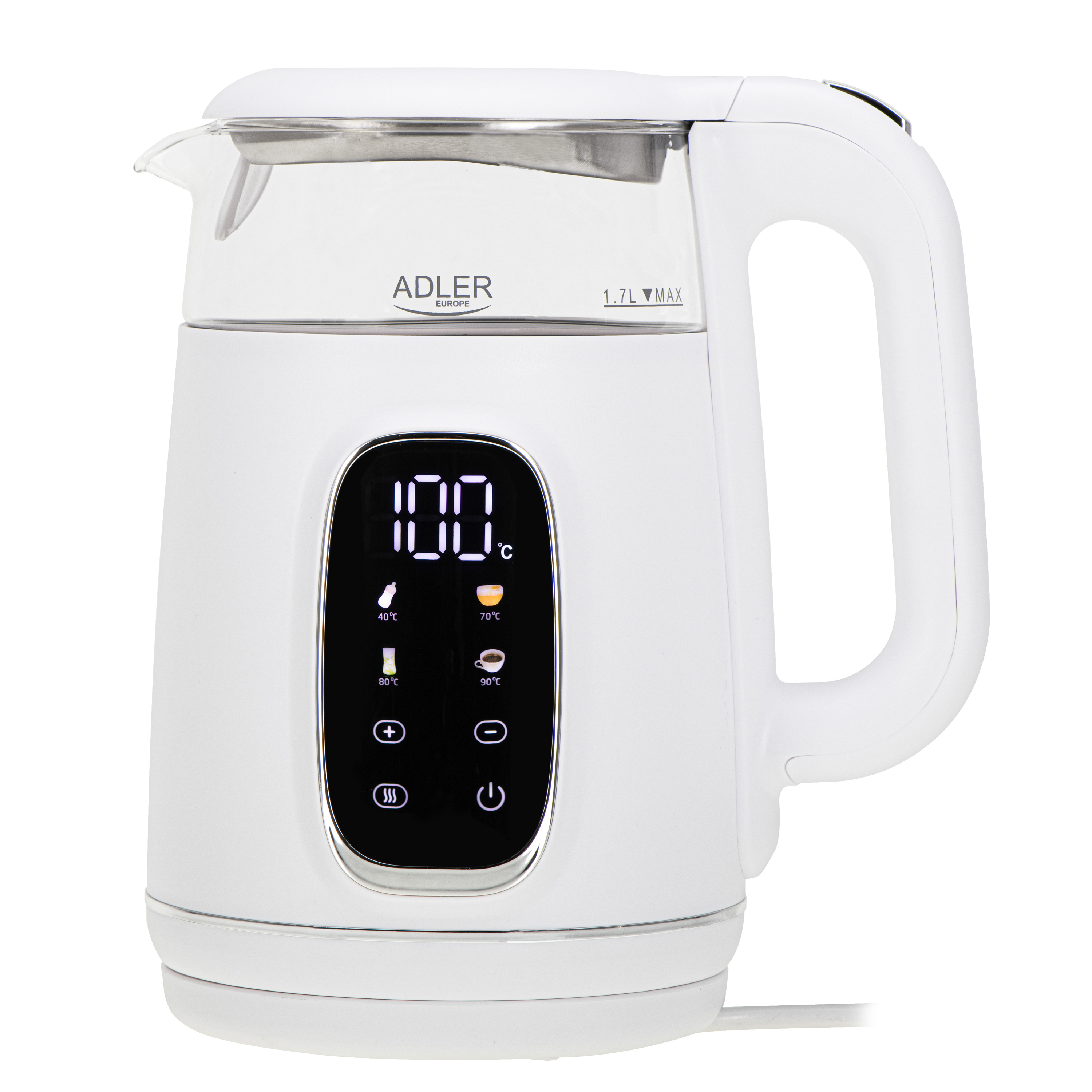 Adler Kettle with LED Display - AD 1305 - Electric - 2200 W - 1.7 L - Plastic - 360° rotational base - White/Silver