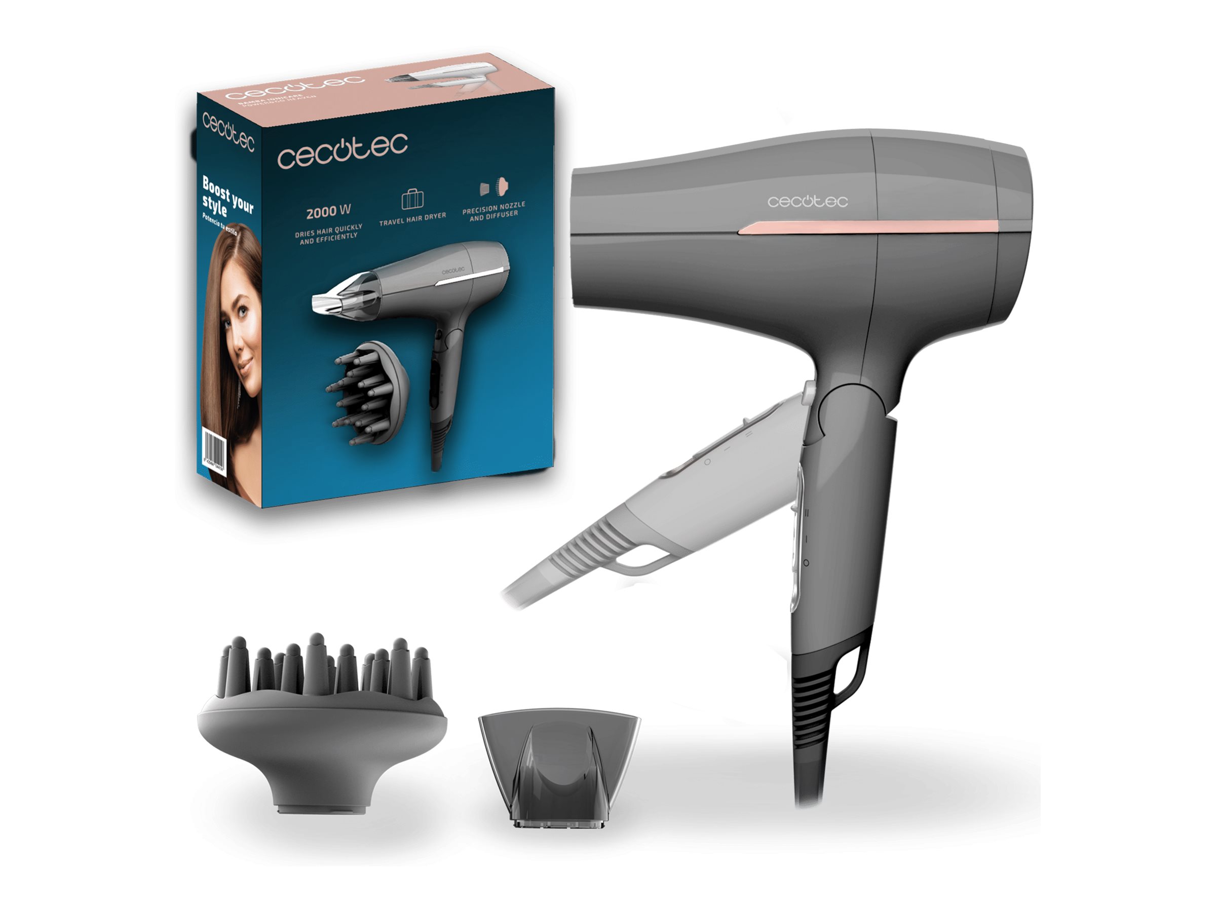 Cecotec Hair dryer - IoniCare Power&Go Heaven - 2000 W - Number of temperature settings 2 - Ionic function - Diffuser nozzle - Grey