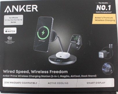 SALE OUT. Anker Prime Wireless Charging Station Qi2.2  25W wireles charging  (3-in-1, MagGo, AirCool, Dock Stand) PSU added, Black - Anker Prime Wireless Charging Station Qi2.2  25W wireles charging  (3-in-1, MagGo, AirCool, Dock Stand) PSU added - DEMO