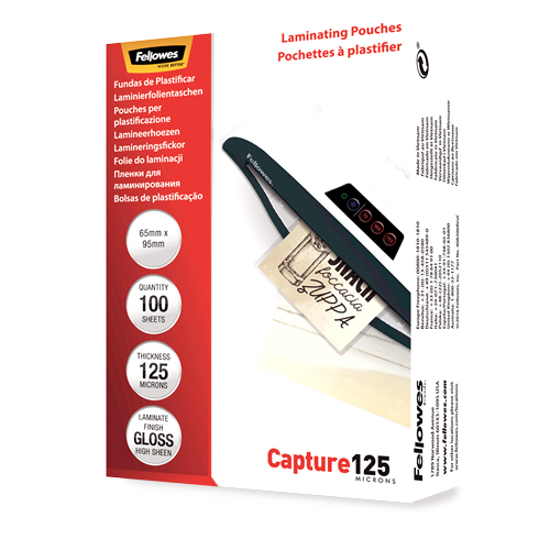 Fellowes - Laminating Pouch - 65x95mm - Glossy - Ideal for identity cards, credit cards, business cards and visitor cards; Capture 125 Micron thickness - providing an advanced level of document protection; Pack size of 100; Compatible with all laminator b