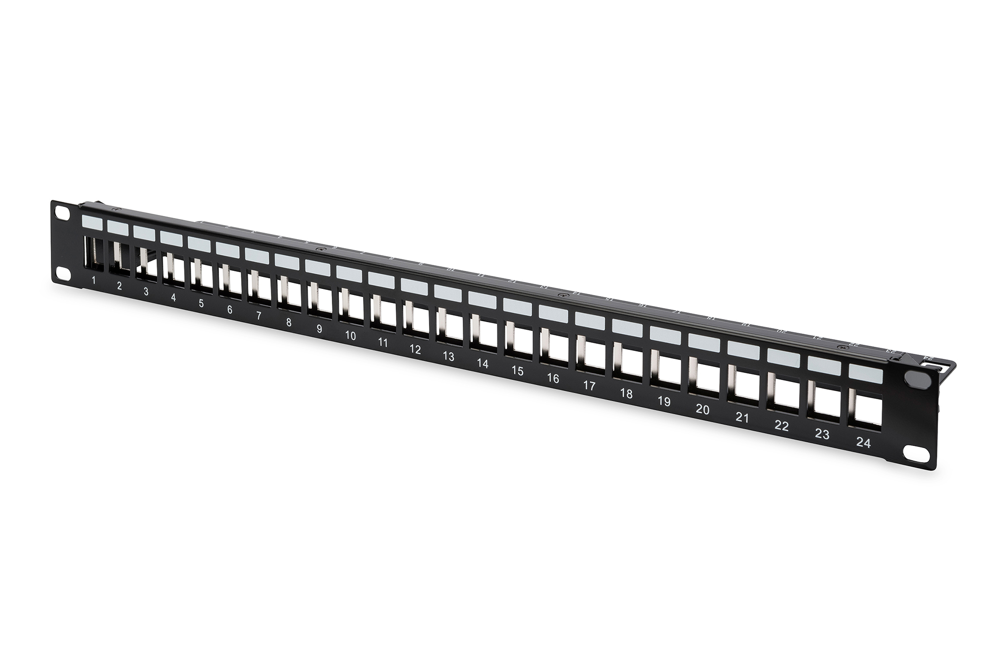 Digitus - Modular Patch Panel - DN-91411 - Layout Keystone Entry: Straight; Area of application: 483 mm (19") cabinet; Suitable for 483 mm (19") cabinet mounting; Housing material: 1.5 mm SPCC cold rolled stell sheet, powder-coated; Ports: 24 - Black