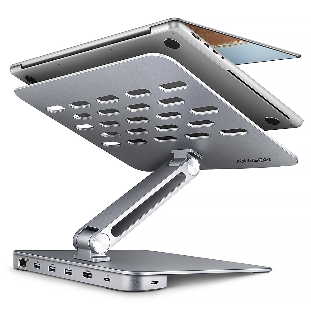 AXAGON Desk Mount - HMC-STND USB-C 5Gbps Stand and Hub 7in1 - Adjustable Height, Tilt - 10-16 " - Aluminum