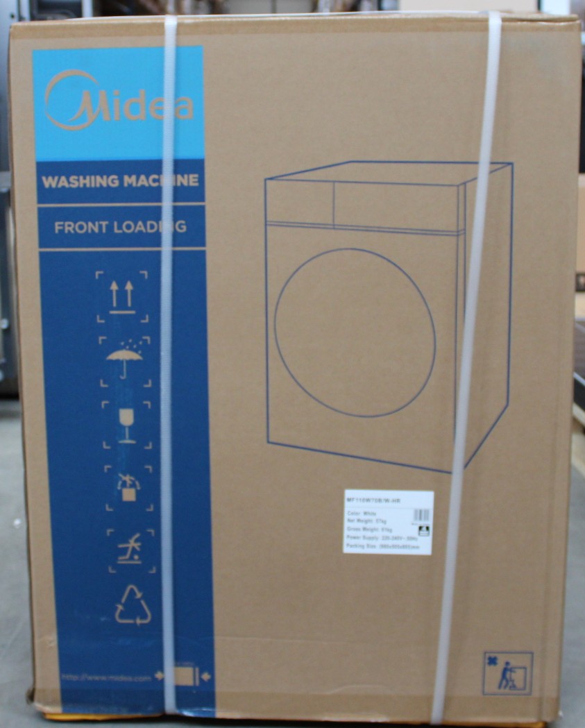 SALE OUT. Midea MF110W70B/W-HR Washing Machine - SALE OUT. - Washing Machine - MF110W70B/W-HR - Energy efficiency class A - Front loading - Washing capacity 7 kg - 1200 RPM - Depth 40 cm - Width 60 cm - Display - LED - Steam function - White - DAMAGED PAC