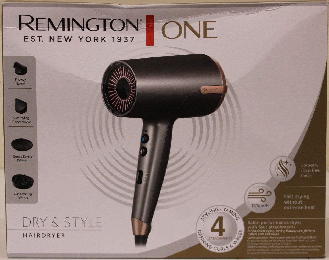 SALE OUT. Remington D6077 Hair dryer, 2000 W, Grey - Remington Hair dryer - D6077 - 2000 W - Number of temperature settings 3 - Ionic function - Diffuser nozzle - Grey - DAMAGED PACKAGING - Warranty 24 month(s)