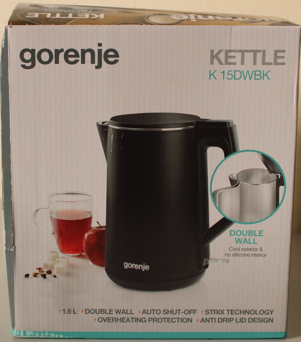 SALE OUT. Gorenje K15DWBK Kettle, Electric, Capacity 1.5 L, Power 2200 W, Stainless Steel, Black - SALE OUT. Gorenje - Kettle - K15DWBK - Electric - 2200 W - 1.5 L - Stainless steel - 360° rotational base - Black - DAMAGED PACKAGING