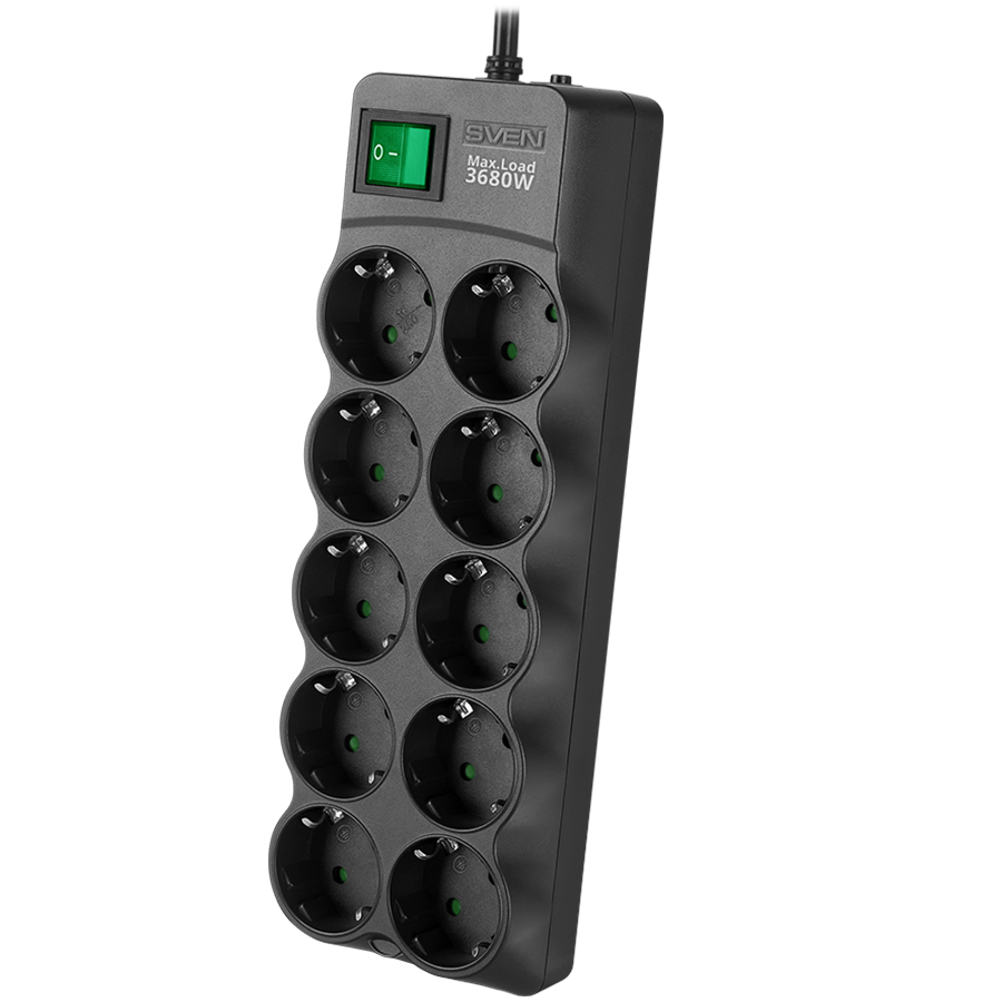 Surge Protector SVEN  SF-10E-16 1,8 m, 16A, 3.6kW, (10 sockets with children protection), black
