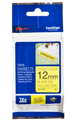 Brother - TZe-S631 Strong Adhesive Laminated Tape - Black on Yellow - TZe - 8 m - 1.2 cm
